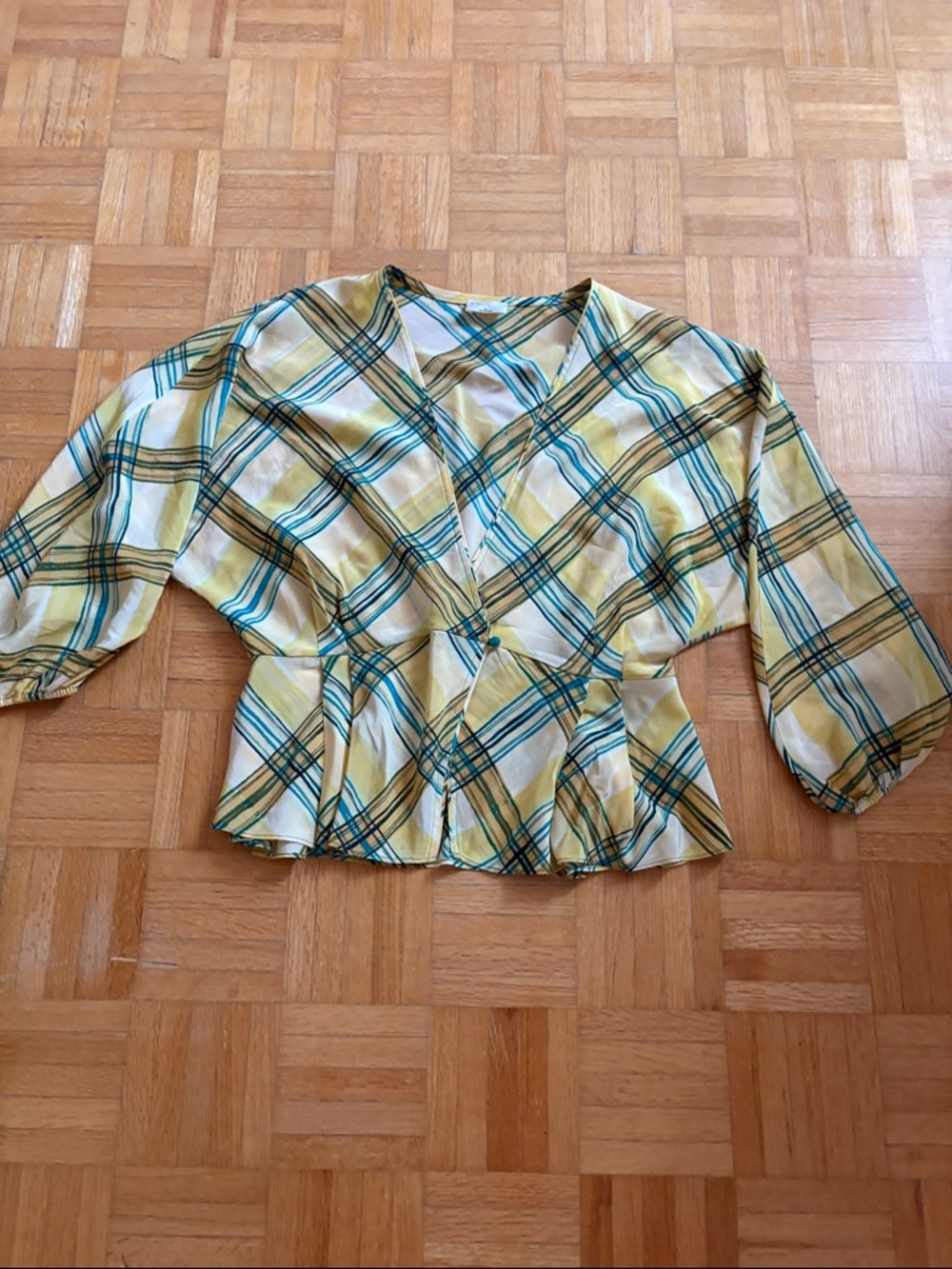 Le Fou Yellow Plaid V-Neck Peplum Blouse
